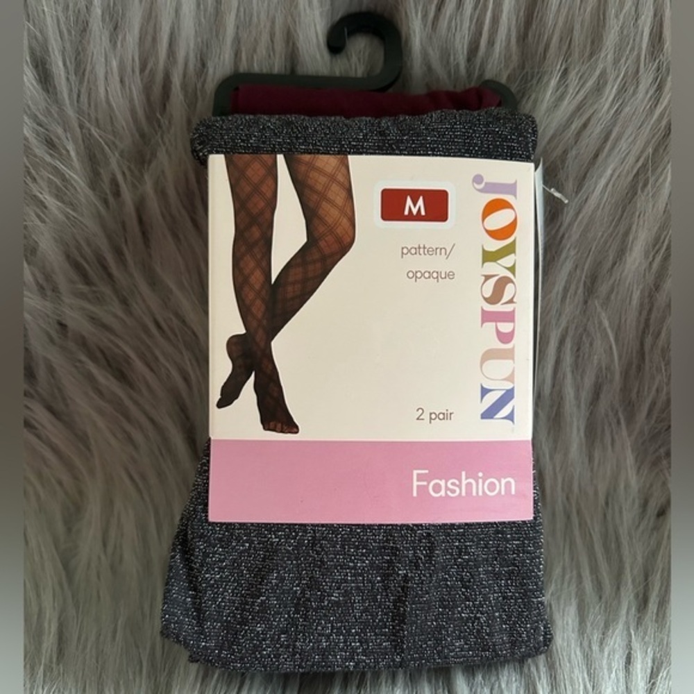 Joyspun Tights Womens Size Medium Black Shimmer And Crushed Plum Opaque Bottoms